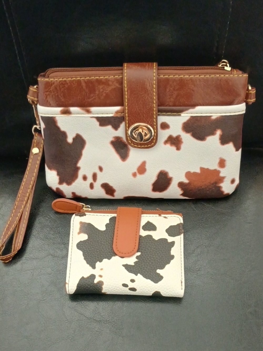 Cowhide-Print Wristlet Clutch and Card Wallet - Brown/White